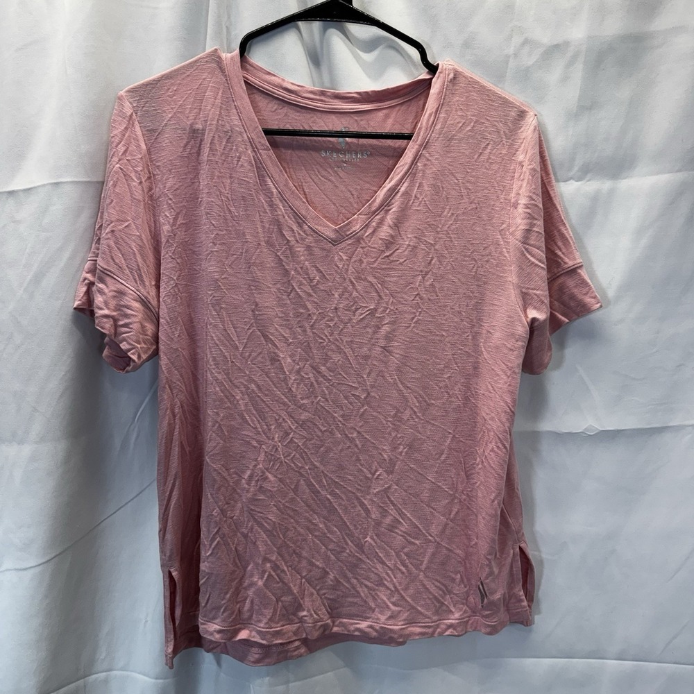 Skechers Los Angeles Vneck T-Shirt Women Small Pink Logo SOFT